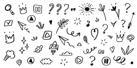 Hand drawn set elements, doodle lines, abstract arrows, hearts and other elements in a hand drawn style for concept designs. Scribble illustration. Vector illustration