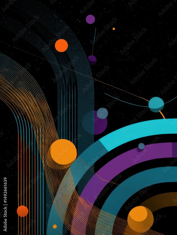 Poster abstract space art with circles and lines in retro style on black background digital illustration