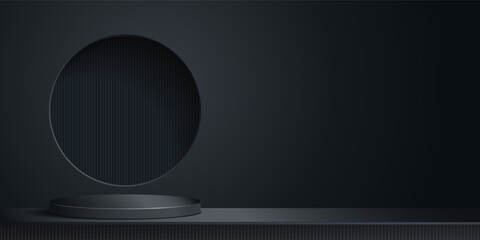 Black 3D background with a black cylinder and a round hole in the wall.