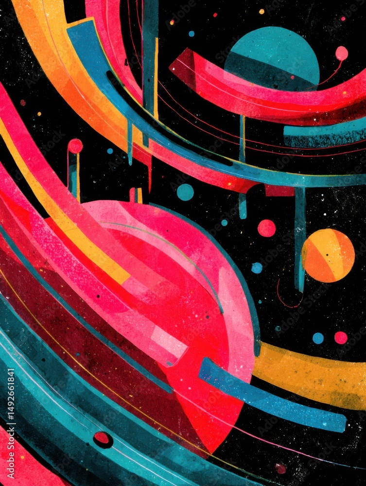 Poster abstract space art with bold colors and dynamic shapes in a modern graphic style with a dark backgro