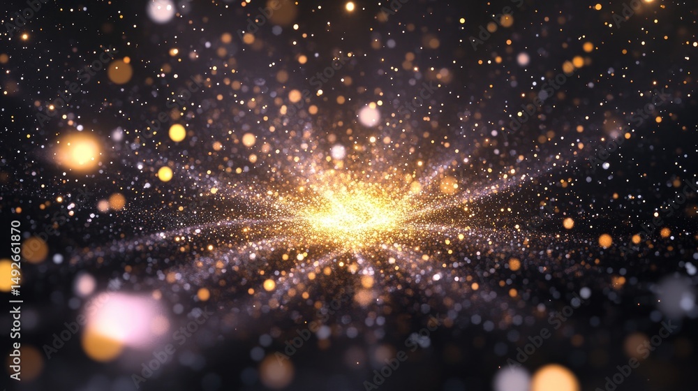 Poster a mesmerizing explosion of golden light and shimmering particles against a dark backdrop. creating a