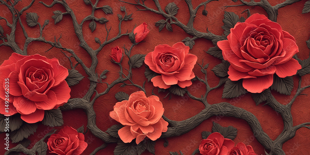 Poster red roses and dark branches on textured red background create 3d floral design, symbolizing romance,