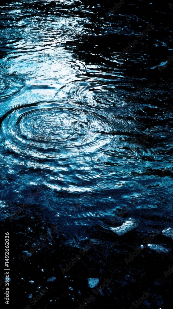 Poster abstract close-up of water surface with circular ripples and dark reflections in a vertical format