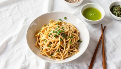 Delicious spaghetti dish garnished with herbs served in a white bowl with chopsticks on a light tablecloth