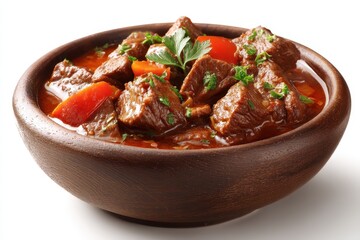Hungarian goulash on a white background, photographed under soft natural light, detailed food texture, clean composition.