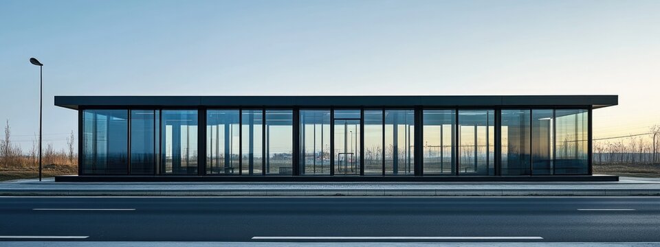 Modern glass building showcasing a minimalist design. illuminated interior. surrounded by bare trees. with a quiet street in the foreground. ideal for architectural photography