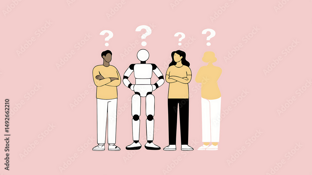 Poster team of people and robot thinking with question marks above heads on dark chalkboard background symb