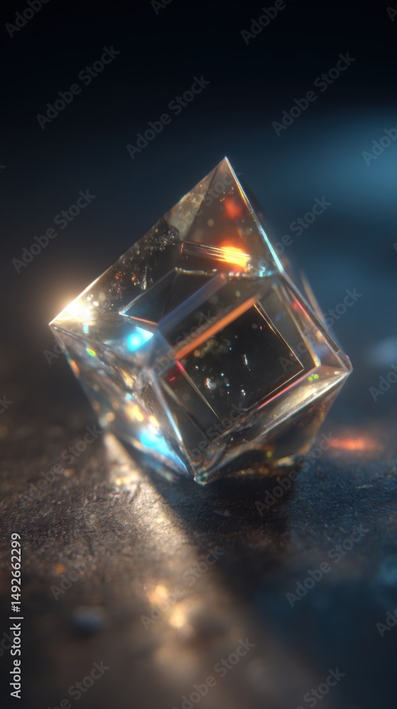 Poster sparkling crystal cube on dark surface macro shot abstract geometric shape prism reflection light
