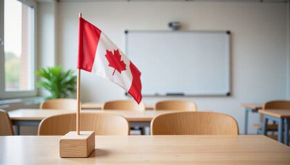 Canadian Flag on Classroom Desk, Symbol of Patriotic Identity in Educational Spaces, Canada Day Representation in Learning Environment