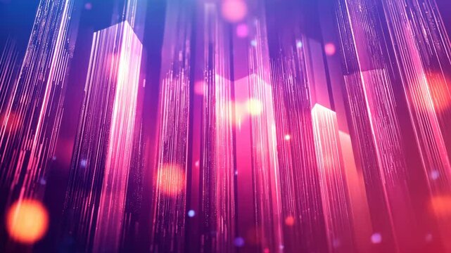 Abstract cityscape at night, glowing pink and purple skyscrapers, bokeh effect