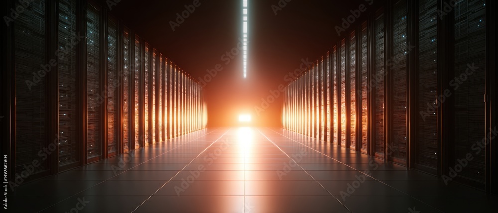 Poster data center servers rows perspective view with bright light at the end of the hallway futuristic tec