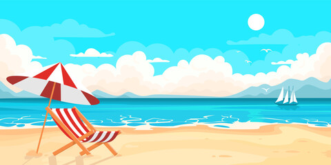 Cartoon beach scene with beach chair and umbrella.