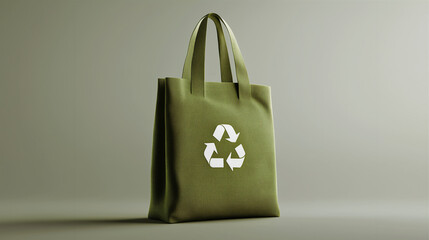 green shopping bag with a recycle logo in the center, isolated on gray, eco-living, eco-lifestyle concept, reusable bag
