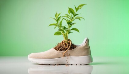 Creative representation of nature and sustainability with a plant growing from a sneaker on a green background