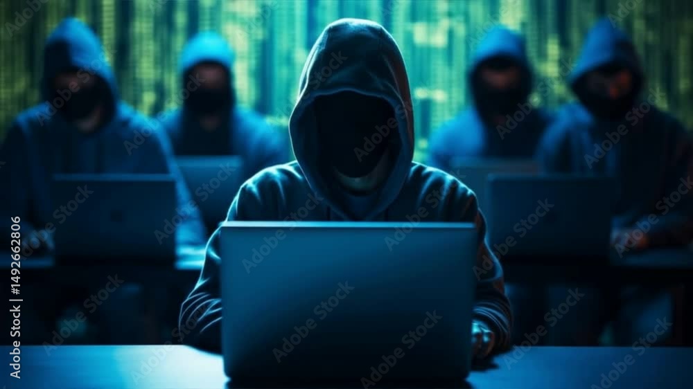 Poster a dark scene with mysterious figures in hoodies working on laptops against a backdrop of digital cod