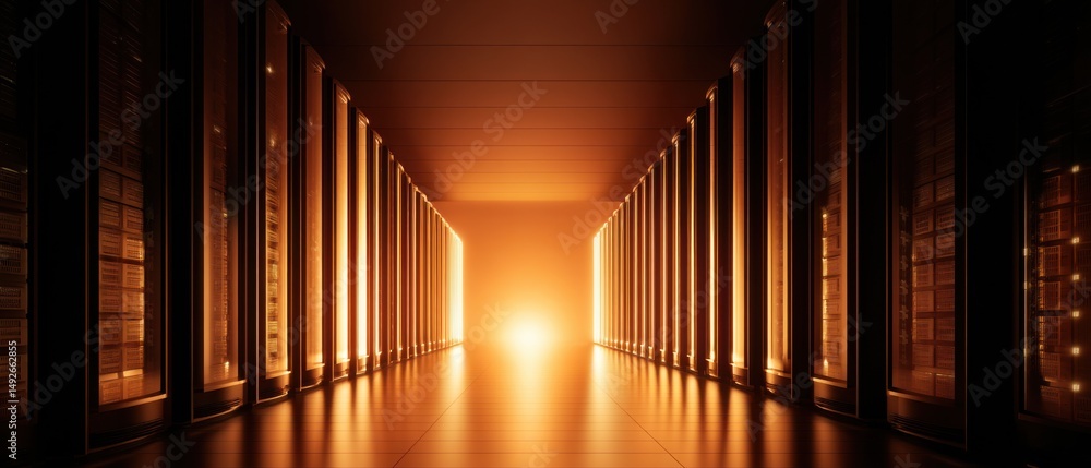 Aufkleber server room data center interior view with rows of rack servers and bright light at the end of the h