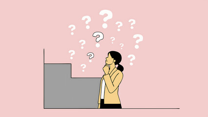 thoughtful businesswoman standing near black wall with many hand drawn question marks floating above her head representing curiosity and problem solving 67407369 3