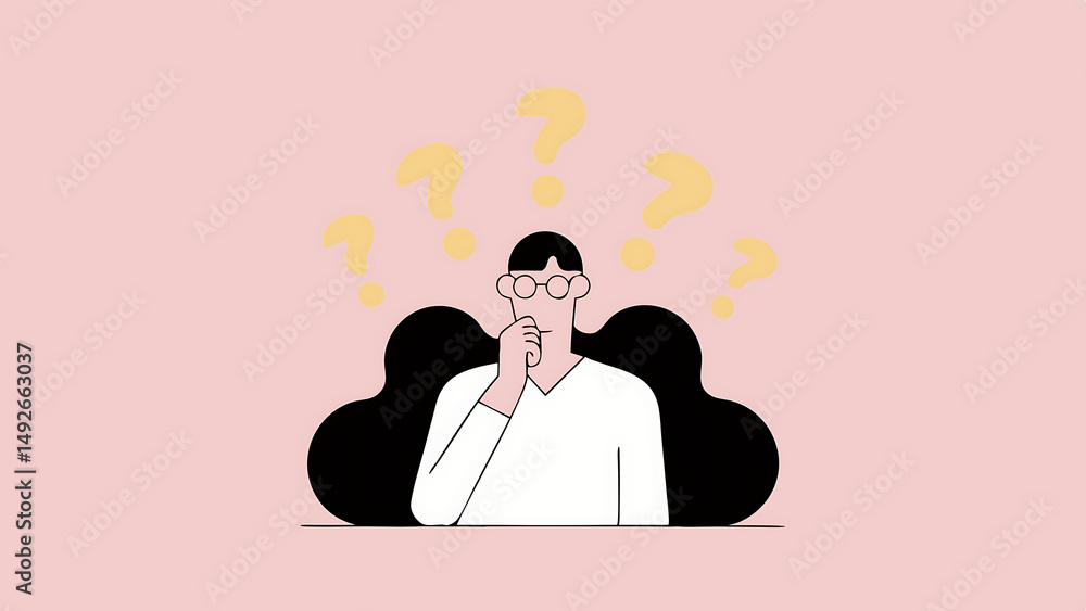 Poster thoughtful man with glasses thinking under multiple yellow question marks on dark textured backgroun