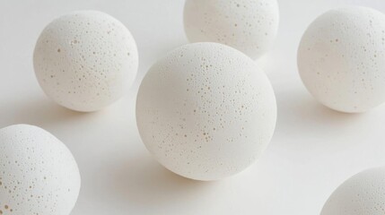 Group of six white eggs arranged in a scattered manner on a plain white background. the eggs are of different sizes and shapes, with the largest one in the center and the others scattered around it.