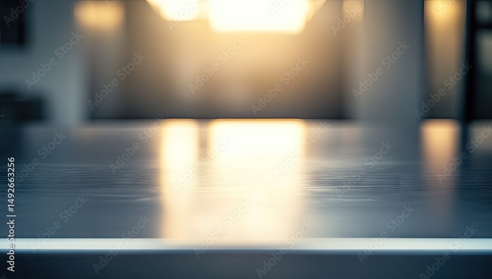 Poster a close-up view of a sleek. polished black table surface reflecting soft light. set in a modern inte