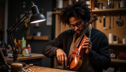 Craftsman repairs an antique violin in a workshop during evening hours under warm lighting