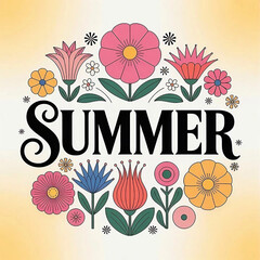 Colorful Floral Summer Illustration – Circular Flower Border with Bold Botanical Design and Center Text