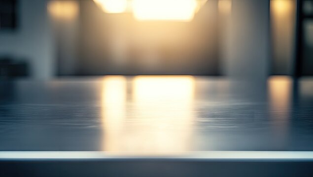 A close-up view of a sleek. polished black table surface reflecting soft light. set in a modern interior space with blurred background elements. ideal for design or decor themes