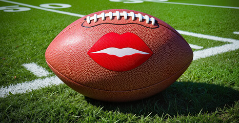 Obraz premium Leather-textured football with red kiss imprint on turf field, concept for World Kiss Day and romantic symbolism in sports