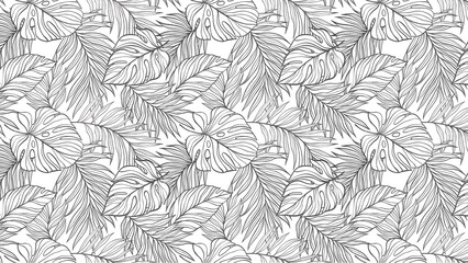 Monstera and palm leaves seamless pattern in black and white outline design for coloring and backgrounds