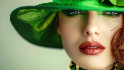 A model showcases a striking green leprechaun hat with gold buckles, accentuating an elaborate costume for a lively celebration Generative AI