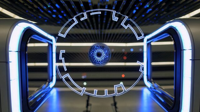 Futuristic gate with a rotating core and glowing lights opens and closes repeatedly, creating a seamless loop perfect for technology, innovation, and future themed projects