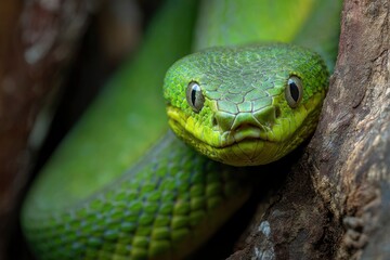 Emerald Green Snake: Close-up Portrait in Dark Forest Setting