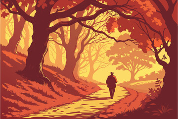 33 dramatic autumn landscape with person walking down path, vibrant orange and red foliage, sunbeams and golden light, intricate details, stunning scenic vista, cinematic mood, highly detailed, photor