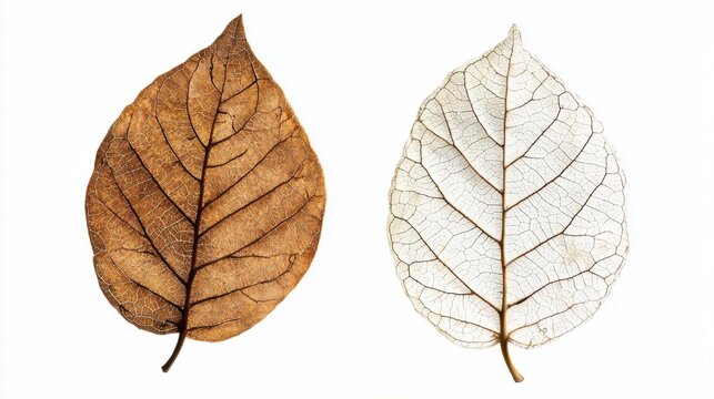 Two leaves side by side. on the left, there is a single leaf with a brownish-brown color and a thin, pointed tip. the leaf appears to be dry and wrinkled, with deep veins running through it.