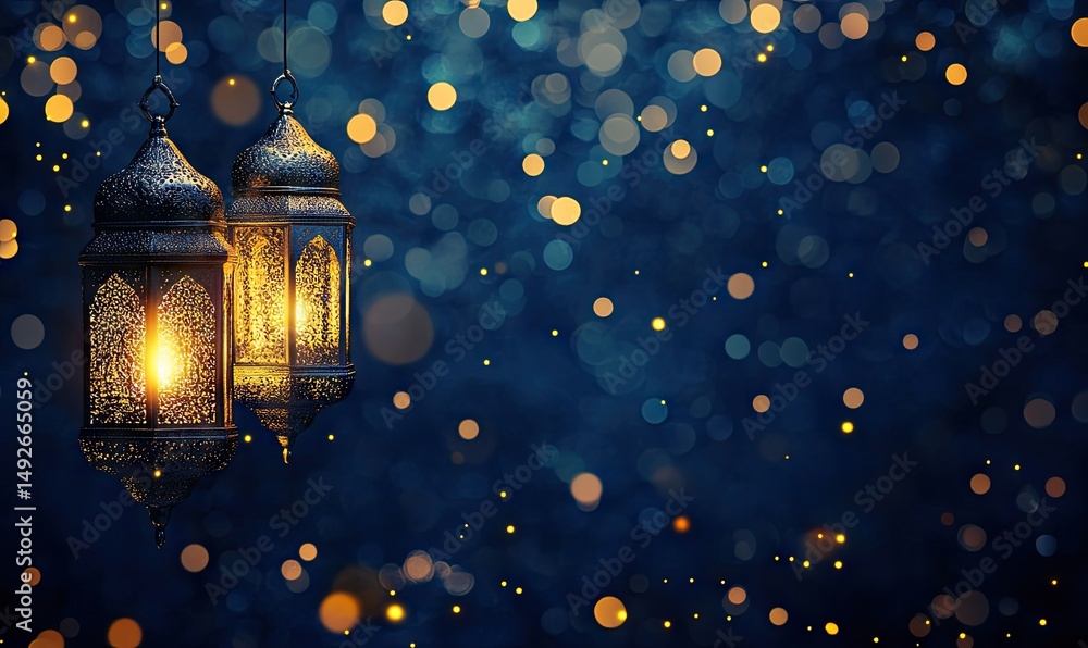 Poster two intricately designed lanterns hang against a blurred background of shimmering golden bokeh light