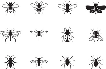 Twelve insect icons black silhouettes collection