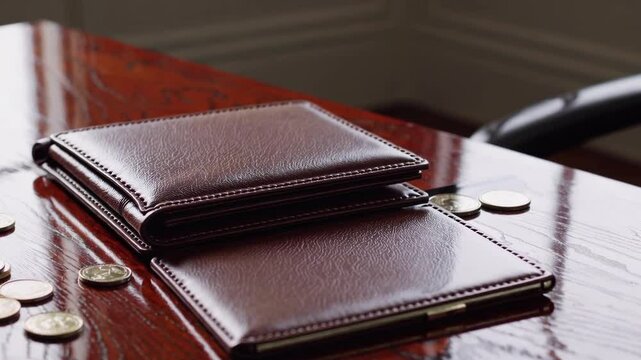 Leather wallets and coins on polished wooden desk, close-up of elegant money storage accessories in office setting