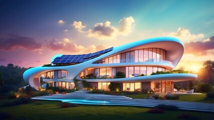 A radiant eco-mansion with glowing solar panels integrated into vibrant natural landscapes, Cinematic theme, HDR, Vibrant 