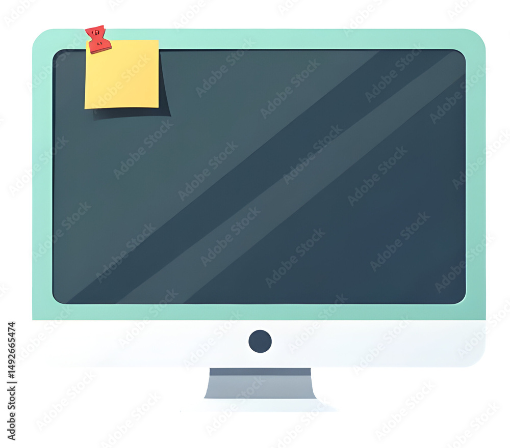 Poster sticky note on teal computer monitor screen with reflection and clip,cutout