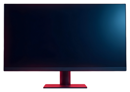 Modern widescreen computer monitor with black screen and red stand,cutout