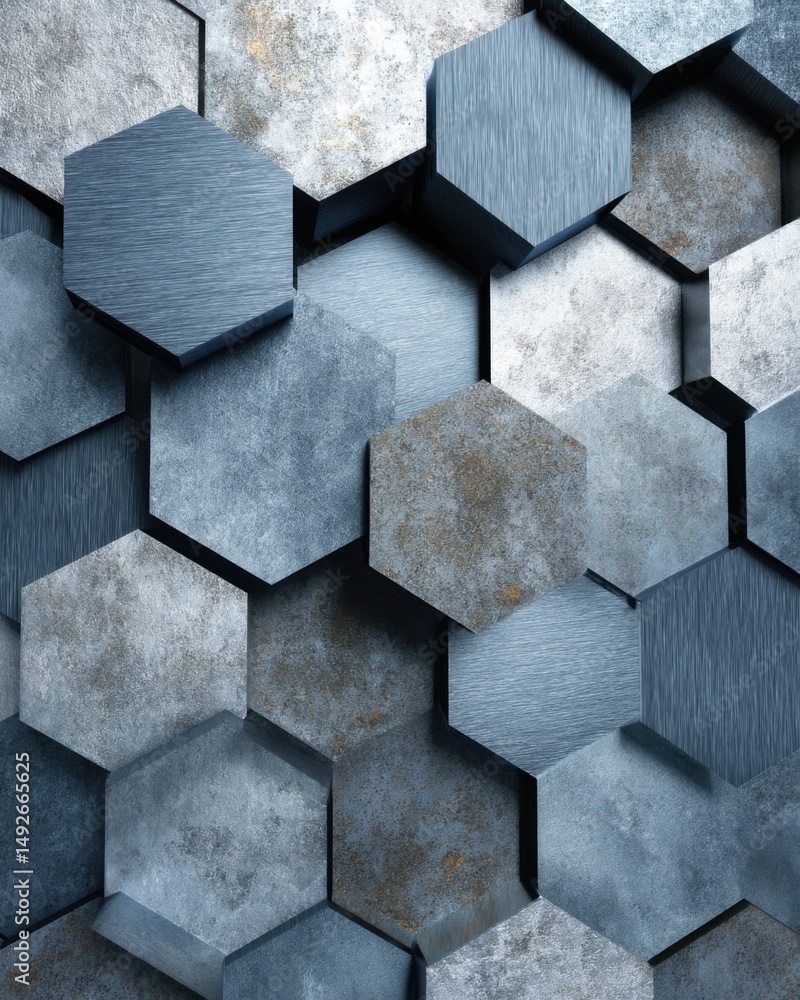 Poster Abstract close-up of metallic hexagon tiles in shades of gray and blue; geometric pattern background with textured surfaces and industrial design elements