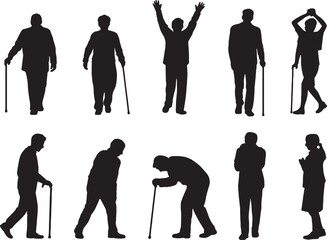 Silhouettes of elderly people walking with canes