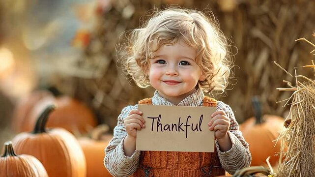 Smiling child holding thankful sign in autumn pumpkin patch.