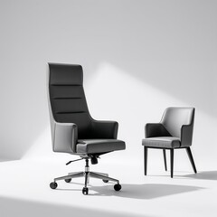Fototapeta premium Modern office seating arrangement featuring a high-backed executive chair and a minimalist side chair in a well-lit space