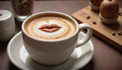 Ceramic Cappuccino Cup with Lip Art Foam on Café Counter, Celebrating World Kiss Day and Romantic Coffee Moments