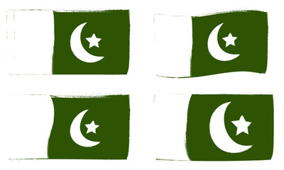 Grunge-style illustrations of the Pakistan flag in four waving brushstroke variations. Hand-painted texture, green and white theme, artistic patriotic vector for creative use.