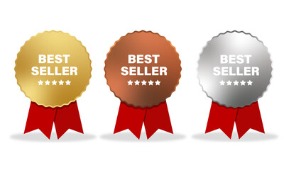 Set of best sellers badge vector illustration, best seller golden, bronze and silver badge with stars.