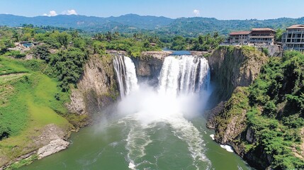 Fototapeta premium Majestic Waterfall Cascading Down Rocky Cliffs in Lush Green Landscape