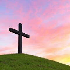 Wooden Cross On Hill At Sunset