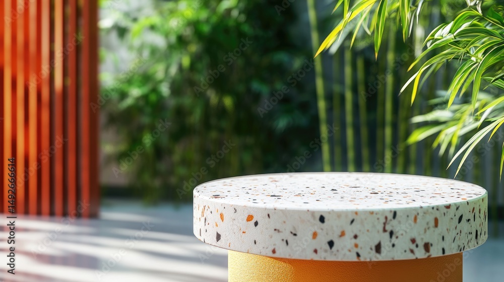 Poster a modern terrazzo table in a serene outdoor setting surrounded by lush greenery. creating a tranquil